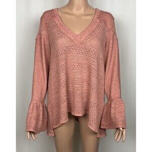 POL Women’s Size Medium V-Neck Bell Sleeves Pullover Sweater Light Coral